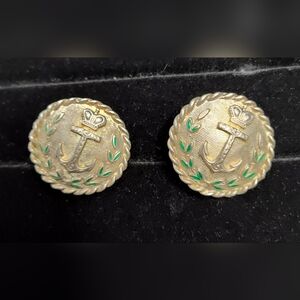 Carolee Vintage Clip On Earrings Anchor‎ Green Leaf Enamel Chunky Signed 1990s